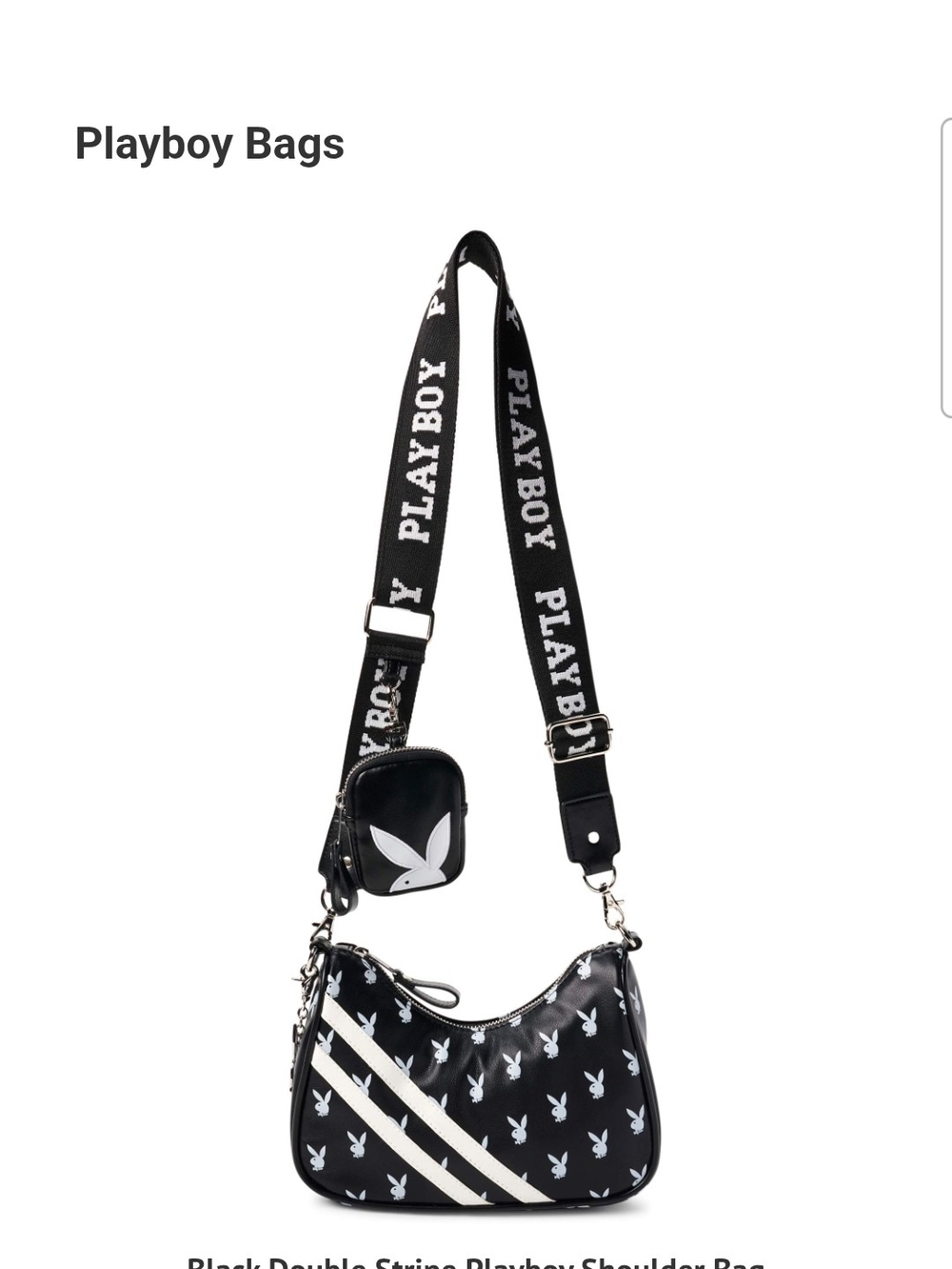 PLAYBOY  DOUBLE STRIPE Black Shoulder Bag with White Bunny Print and Logo Strap